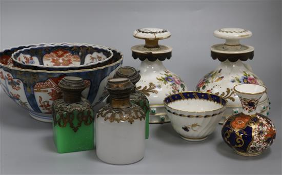 A pair of scent bottles, Imari bowls etc. tallest 13cm